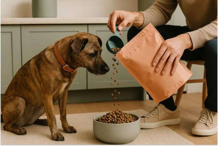 A dog waiting beside a bowl while kibble is poured from a bag