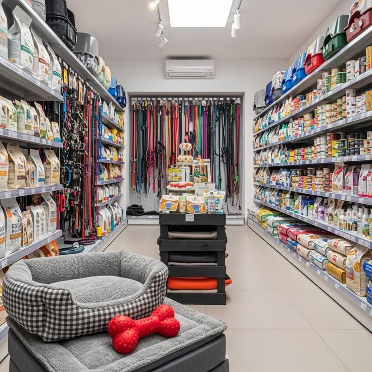 A pet shop aisle lined with leads, food and beds