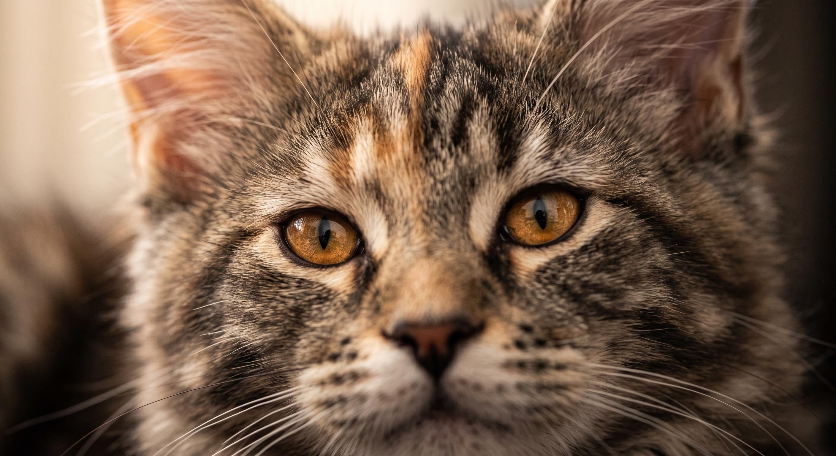 A close up of a tabby cat looking into the camera