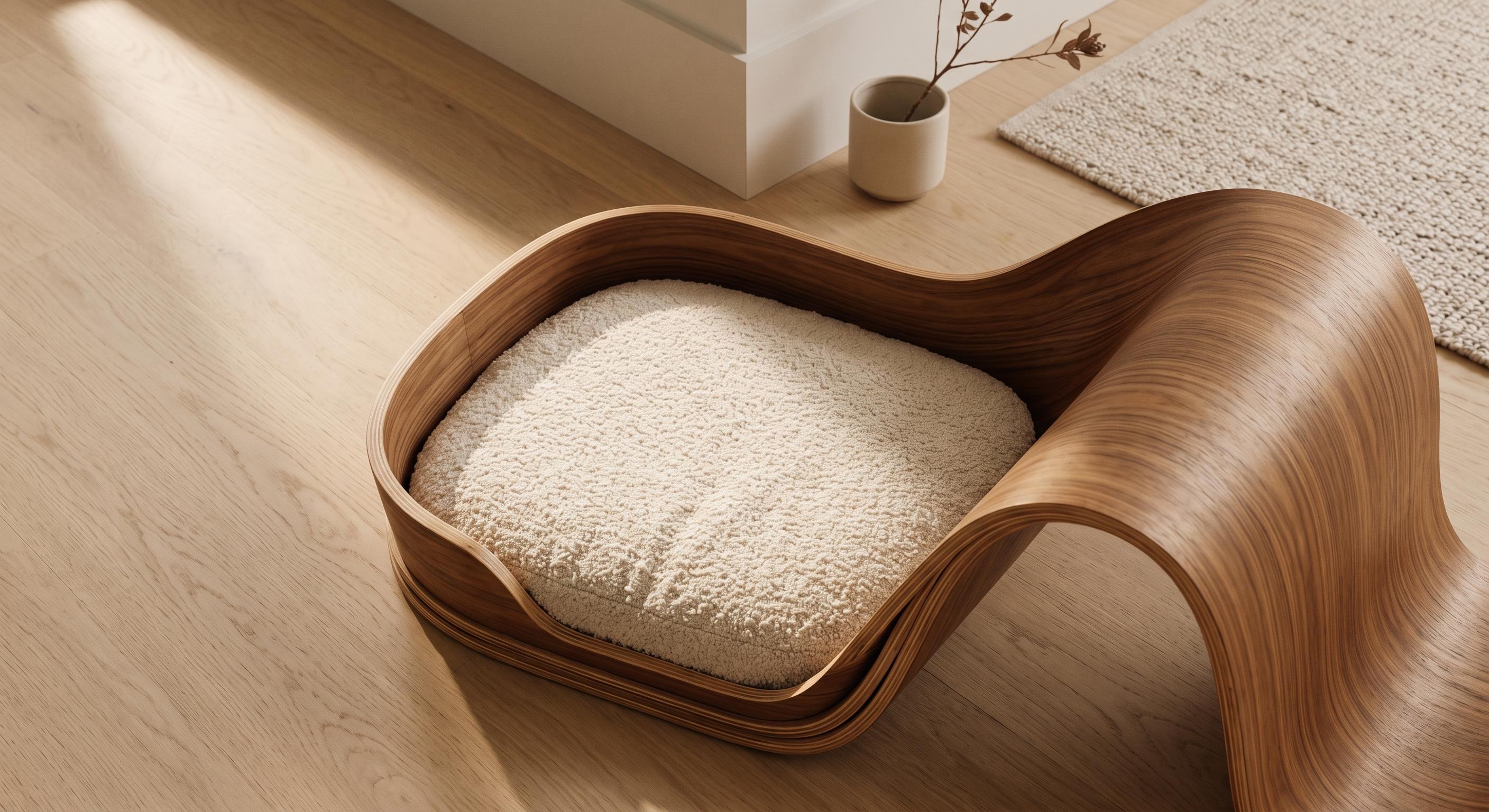 An overhead view of a bent ply pet bed on a wooden floor