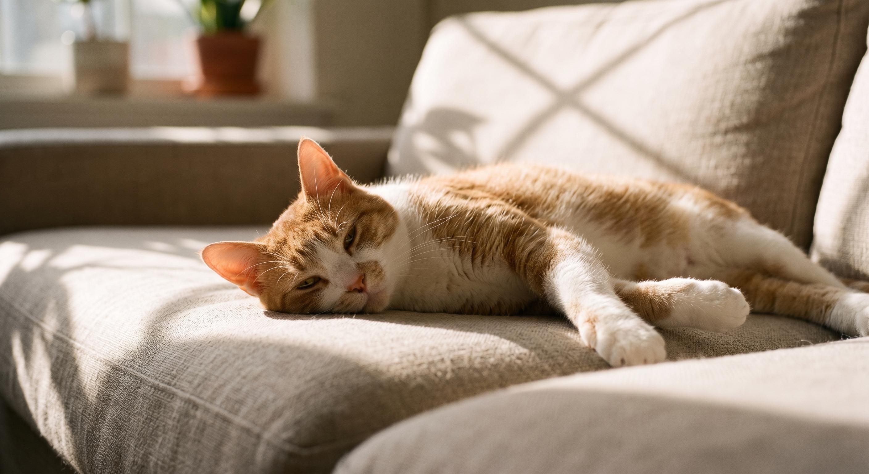A ginger and white cat asleep on a linen sofa