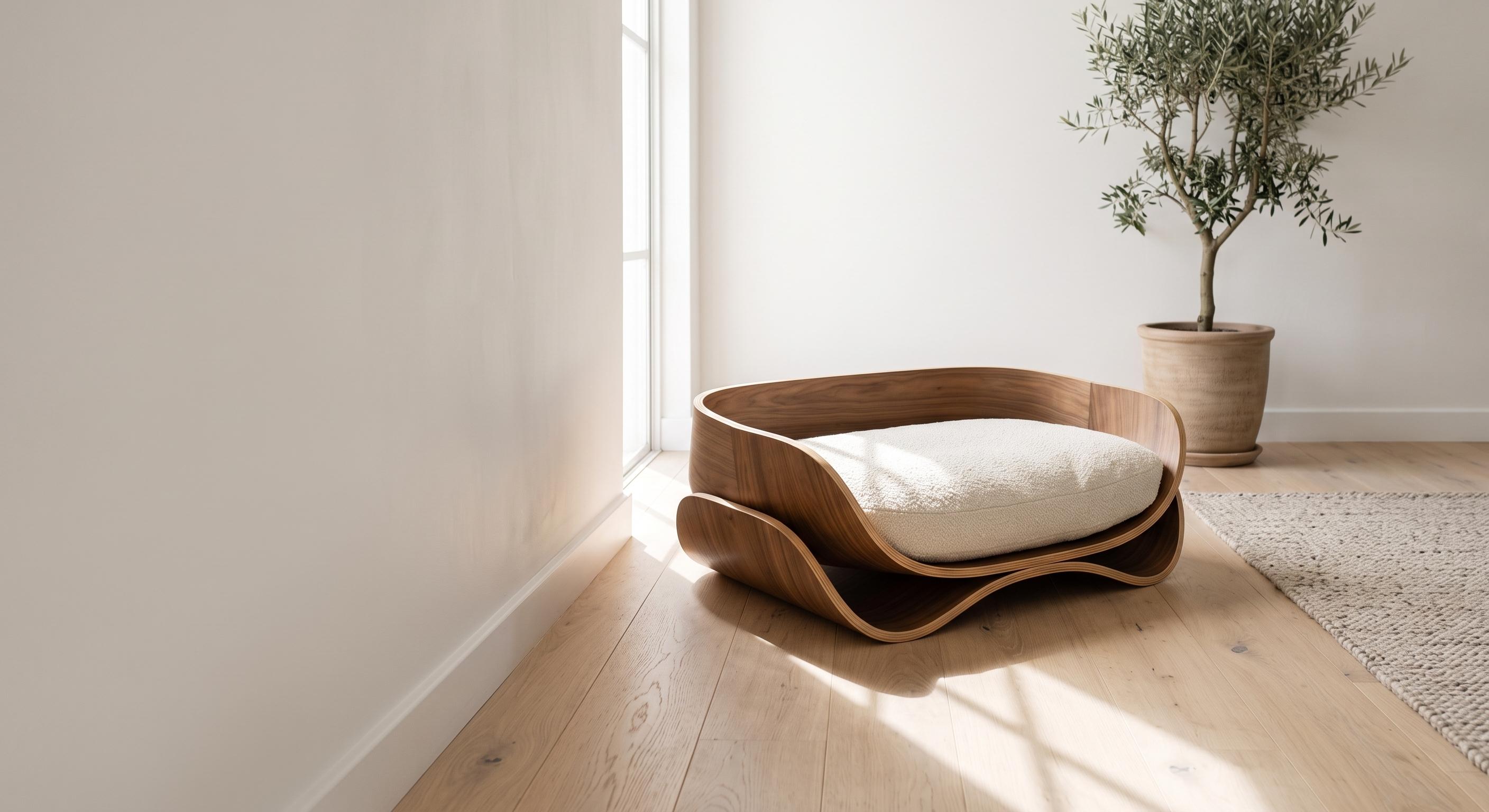 A pet bed in a living room in late afternoon light