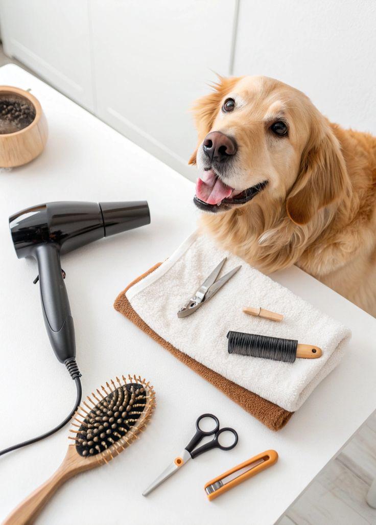 A golden retriever beside a hairdryer and grooming tools laid out on a towel