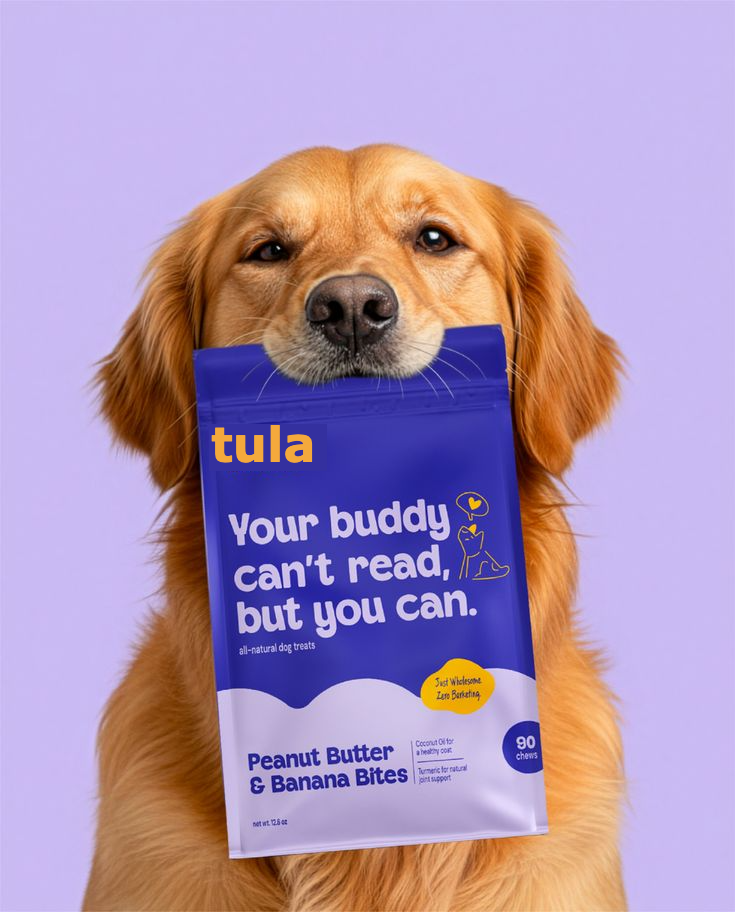 A golden retriever holding a bag of Tula treats in its mouth