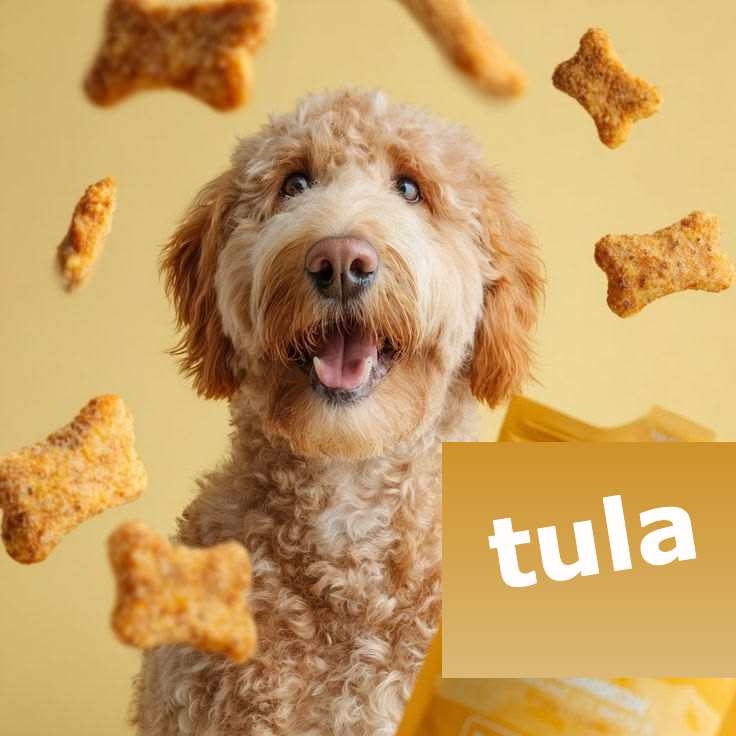 A goldendoodle catching treats beside a bag of Tula treats
