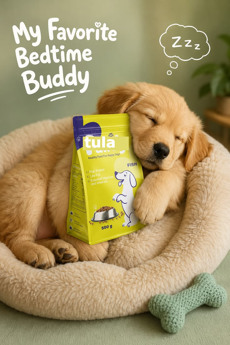 A puppy asleep beside a bag of Tula puppy food