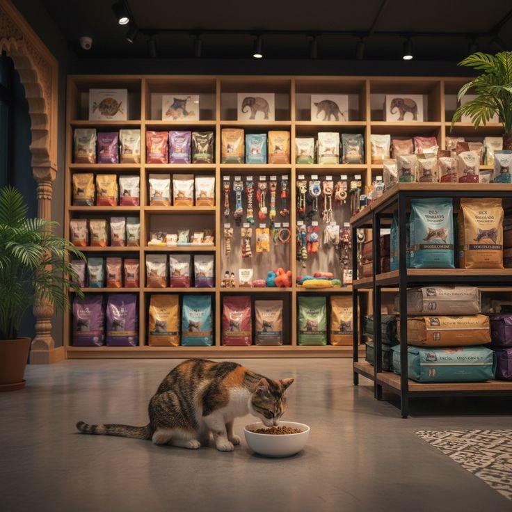 A cat eating from a bowl in front of a wall of pet food