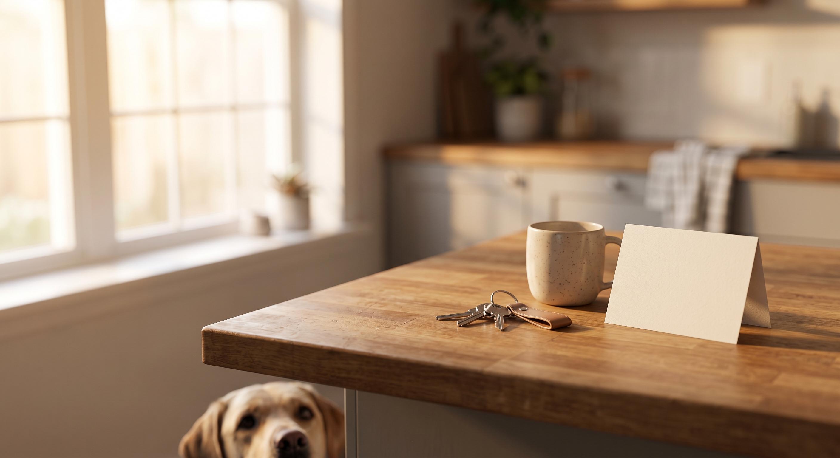 A labrador waiting beside a kitchen counter in morning light